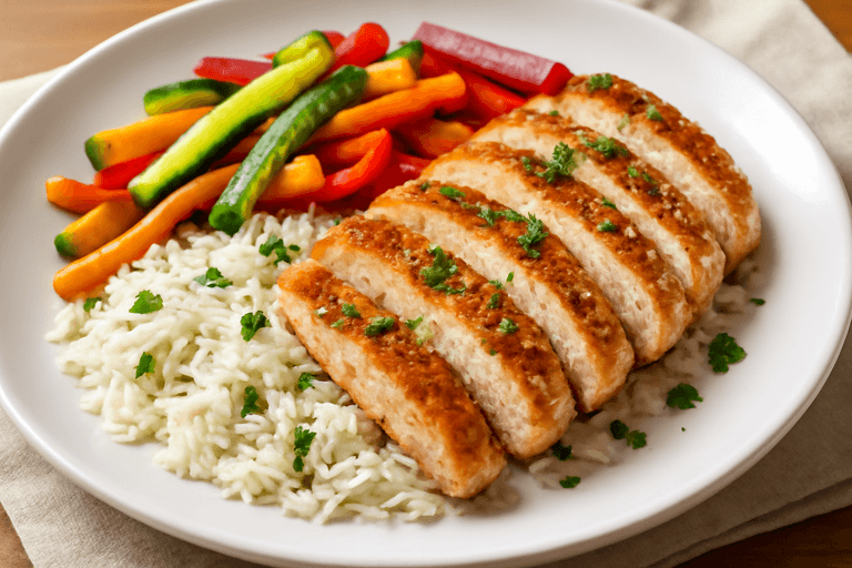 Piept de pui la grătar cu legume colorate și orez basmati