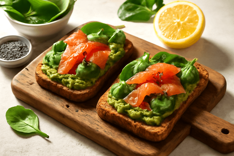 Tostadas de salmón ahumado con aguacate y espinaca