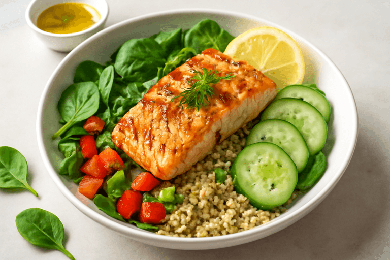 Ensalada de salmón a la plancha con quinoa y verduras frescas