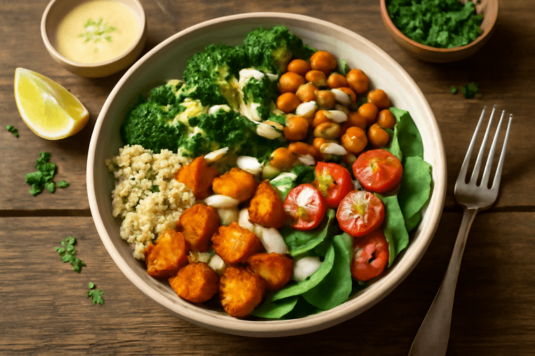 Veganer Quinoa-Gemüse-Bowl mit Zitronen-Tahini-Dressing