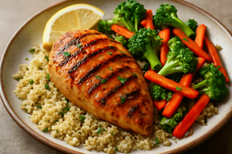 Pollo a la plancha con quinoa y vegetales salteados