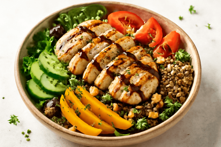 Salade de poulet grillé aux légumes colorés