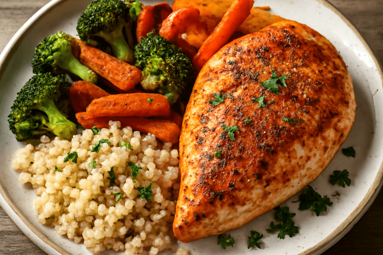Kipfilet met geroosterde groenten en quinoa