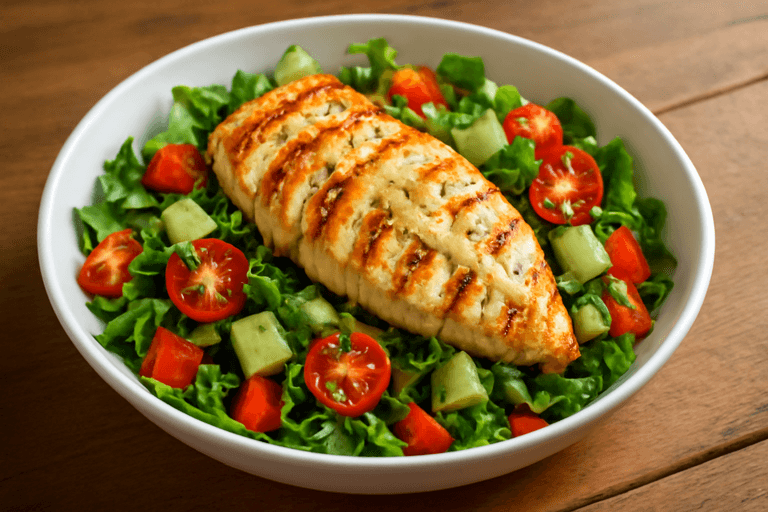 Salată de pui la grătar cu legume proaspete și dressing ușor de iaurt
