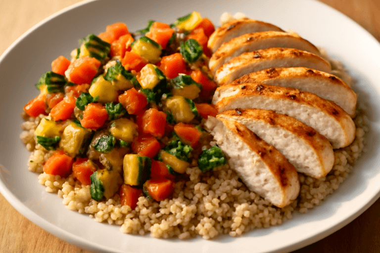 Piept de pui la grătar cu legume sotate și quinoa