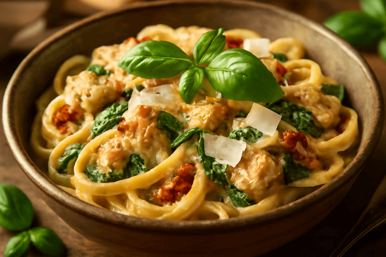 Krämig kycklingpasta med spenat och soltorkade tomater