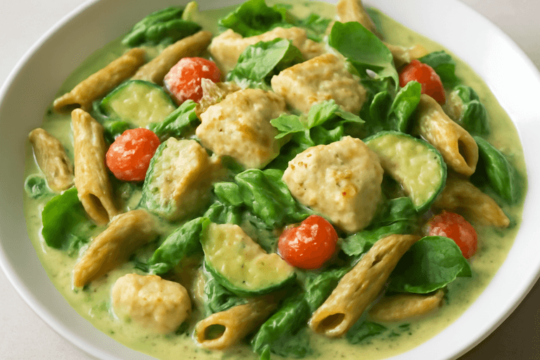 Proteinrik kycklingpasta med krämig grönsakssås