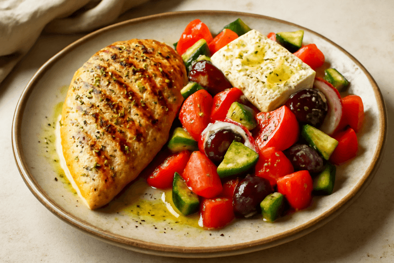 Κοτόπουλο σχάρας με σαλάτα χωριάτικη