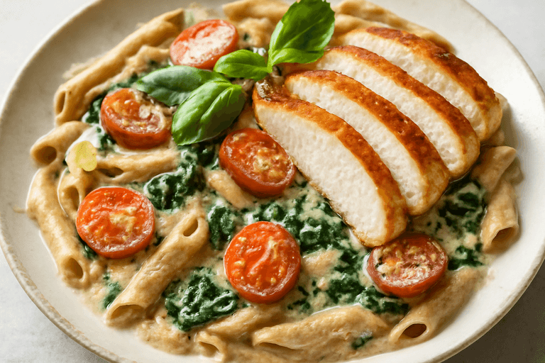 Klassisk proteinrik kycklingpasta med grönsaksglans