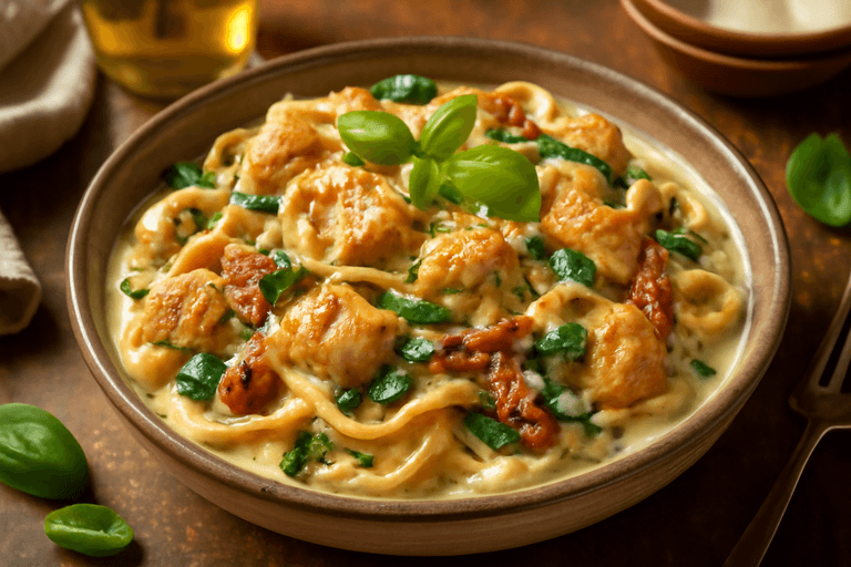 Klassisk krämig kycklingpasta med spenat och soltorkade tomater