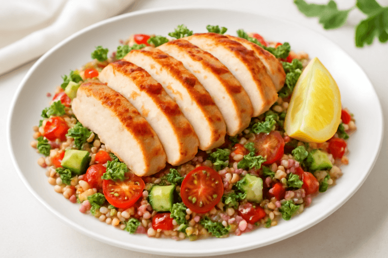 Κοτόπουλο σχάρας με πολύχρωμη σαλάτα και κινόα