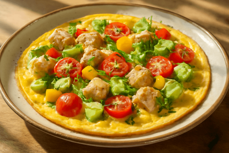 Энергетический завтрак чемпиона: омлет с курицей, авокадо и овощами