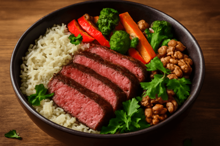 Энергетическое стейк-будда боул с рисом и овощами