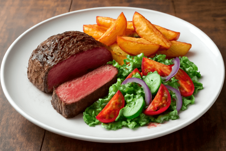 Сытный говяжий стейк с картофелем и салатом «Энергия»