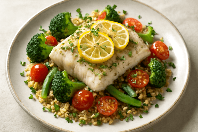 Sitron- og urtebakt torsk med quinoa og grønnsaker