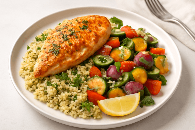 Куриное филе с овощным соте и киноа
