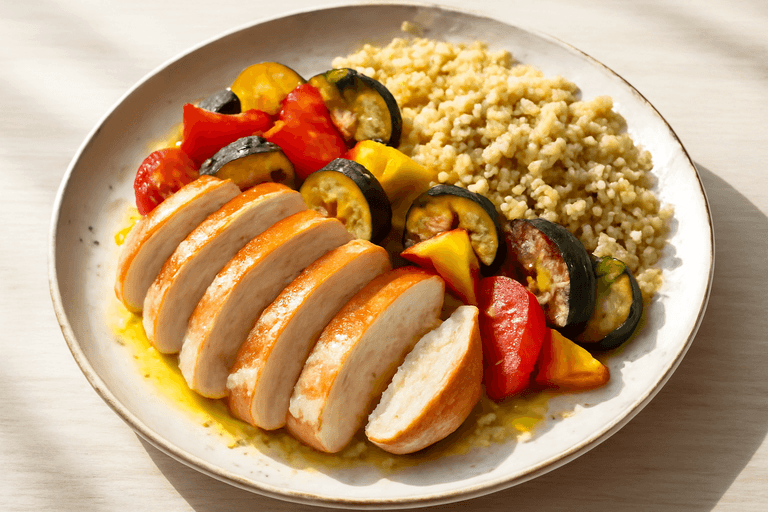 Κοτόπουλο Σχάρας με Κινόα και Ψητά Λαχανικά