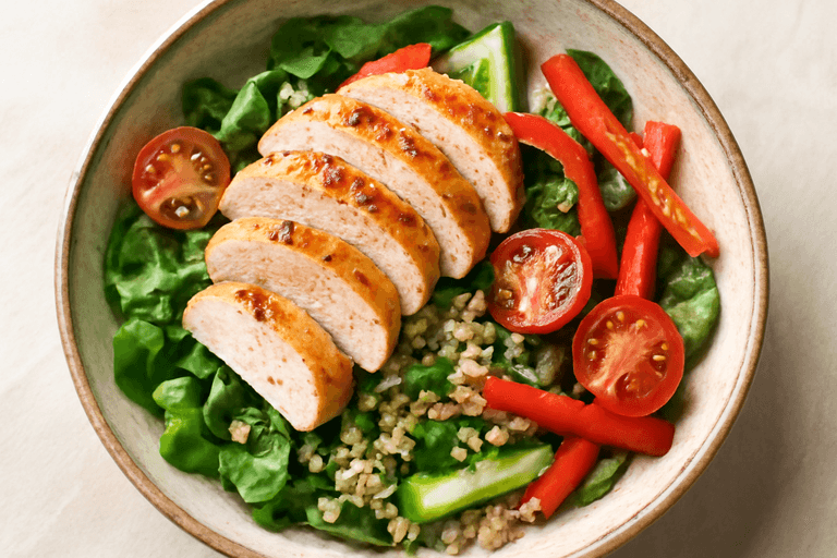 Salată de pui la grătar cu quinoa și legume proaspete