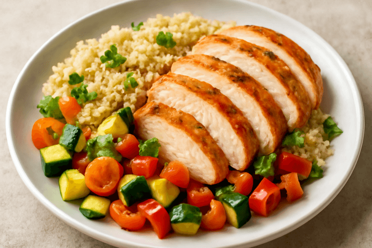 Frango Grelhado com Quinoa e Legumes Coloridos