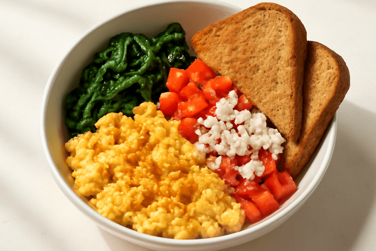 Tazón energético de desayuno con huevo, espinaca y tomate