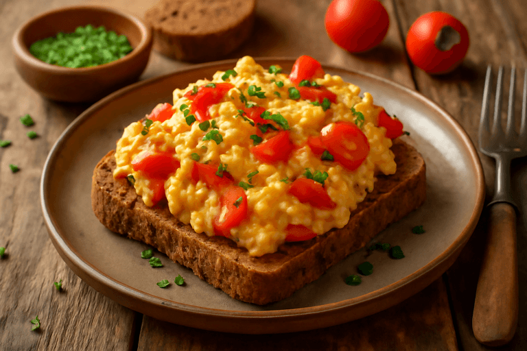 Jajecznica z warzywami i pełnoziarnistym tostem