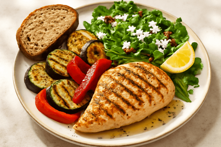 Κοτόπουλο Σχάρας με Ψητά Λαχανικά & Δροσιστική Σαλάτα