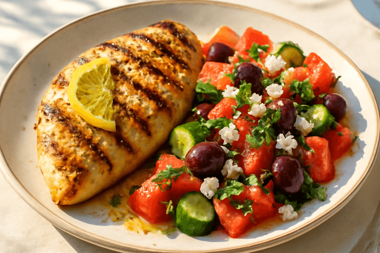 Κοτόπουλο στήθος σχάρας με σαλάτα ντομάτας & φέτας