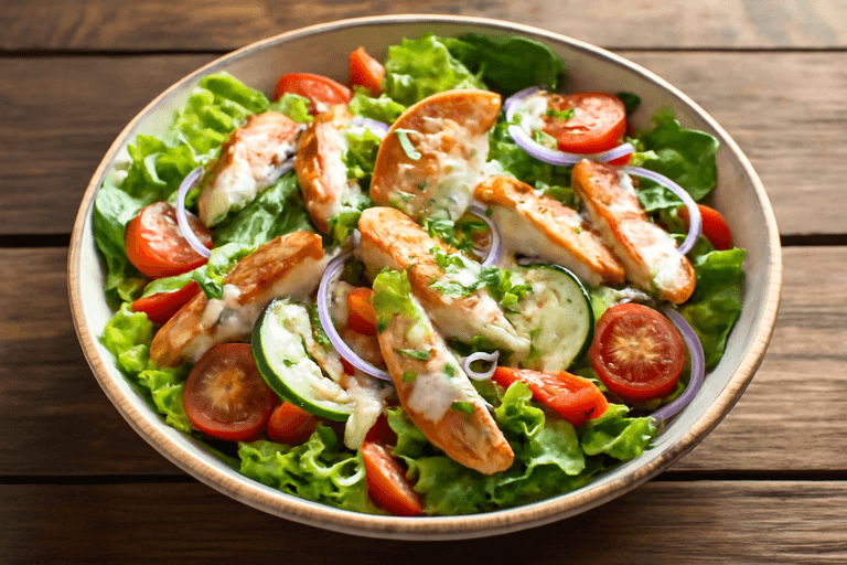 Лёгкий куриный салат с овощами и йогуртовой заправкой