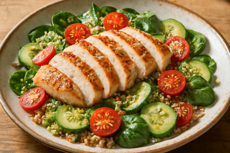 Pollo a la plancha con ensalada de quinoa y vegetales frescos