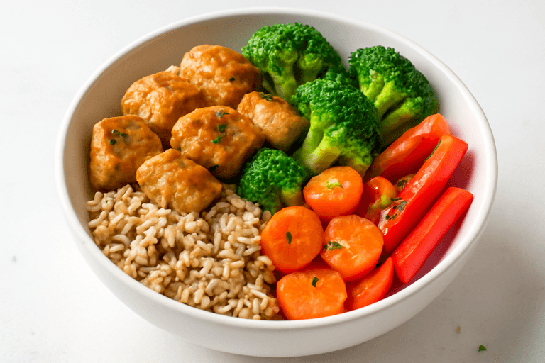 Hähnchen-Gemüse-Bowl mit Vollkornreis