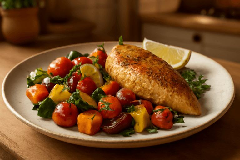 Hähnchenbrust mit mediterranem Gemüse und Süßkartoffeln