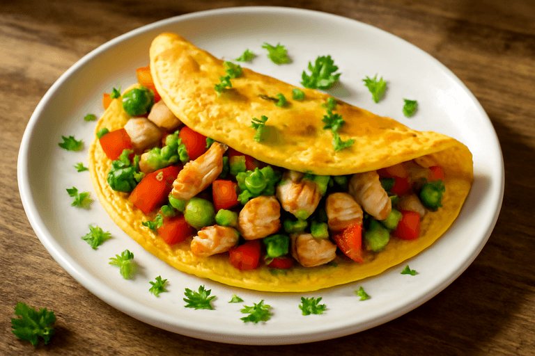 Omletă fresh cu legume și pui la grătar