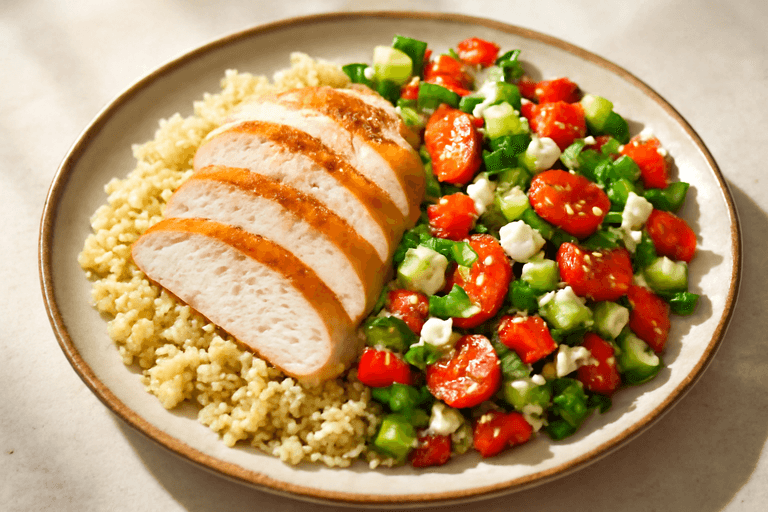 Κοτόπουλο σχάρας με μεσογειακή σαλάτα και κινόα