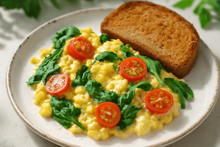 Яичница-болтунья с овощами и ржаным тостом