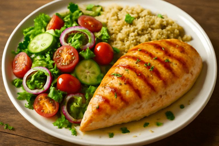 Pollo a la plancha con ensalada fresca y quinoa