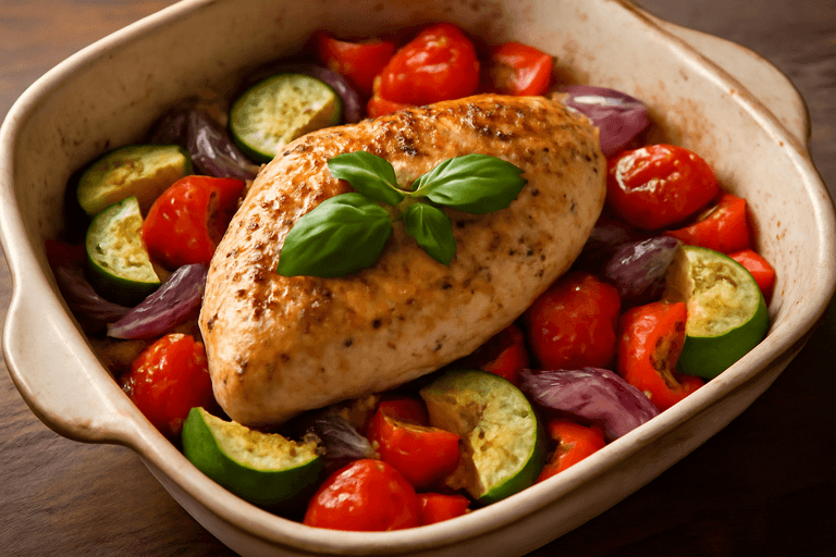 Gebackenes Hähnchenfilet mit mediterranem Gemüse