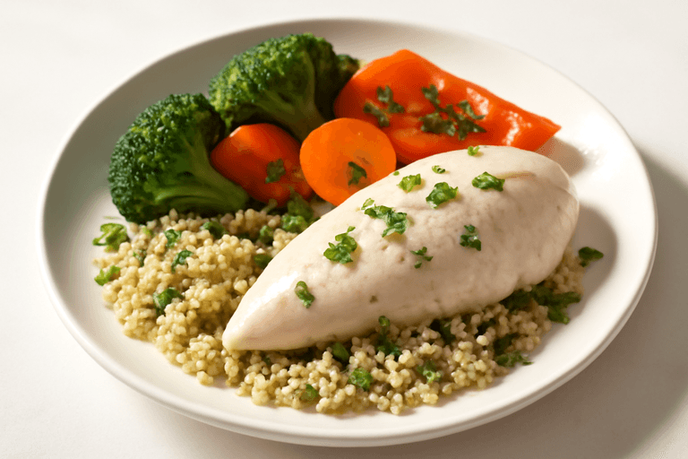 Куриное филе с киноа и овощами на пару