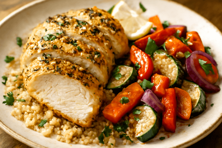 Saftig Kyllingfilet med Ovnsbakte Grønnsaker og Quinoa