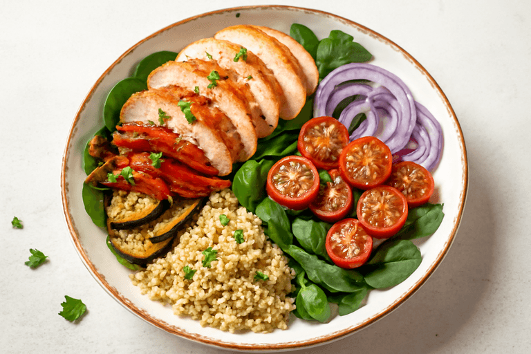Klassisk kycklingsallad med rostade grönsaker och quinoa
