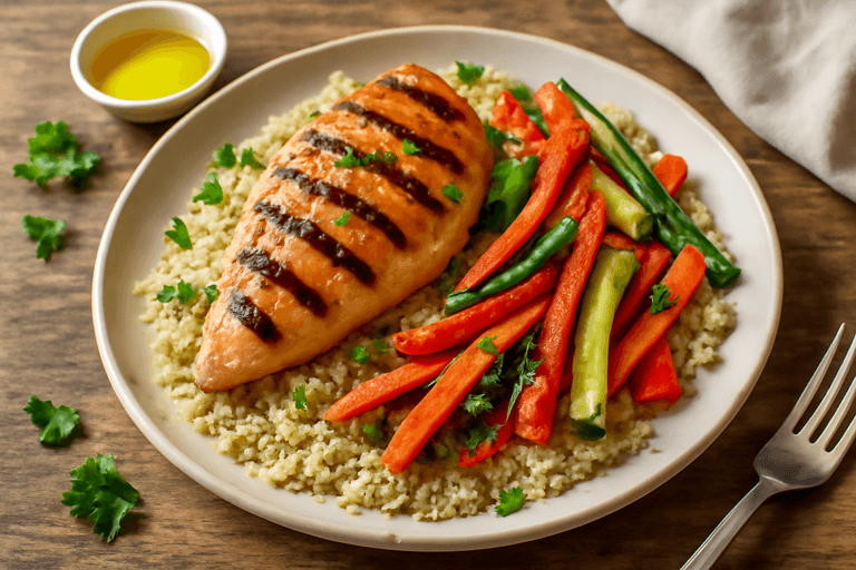 Pollo a la plancha con verduras asadas y quinoa