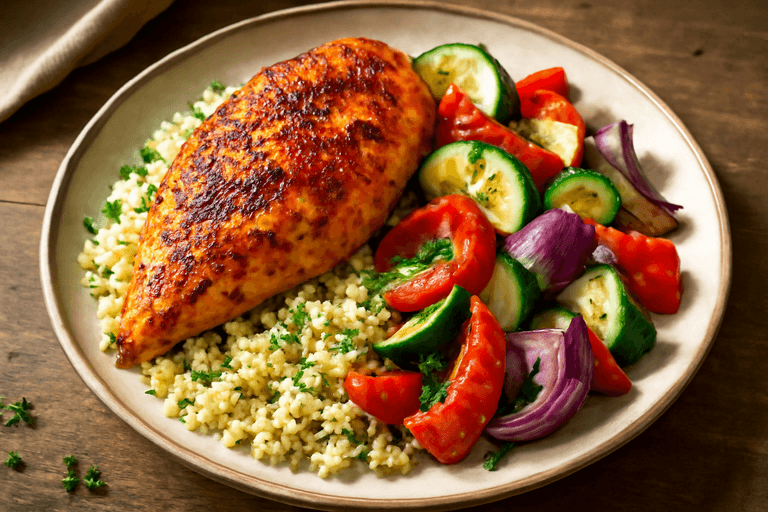 Kruidige kipfilet met geroosterde groenten en quinoa