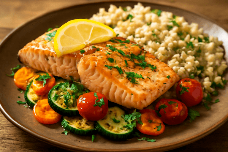 Saftig ovnsbakt laks med grønnsaksduett