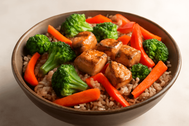 Bowl energético de pollo con arroz y vegetales