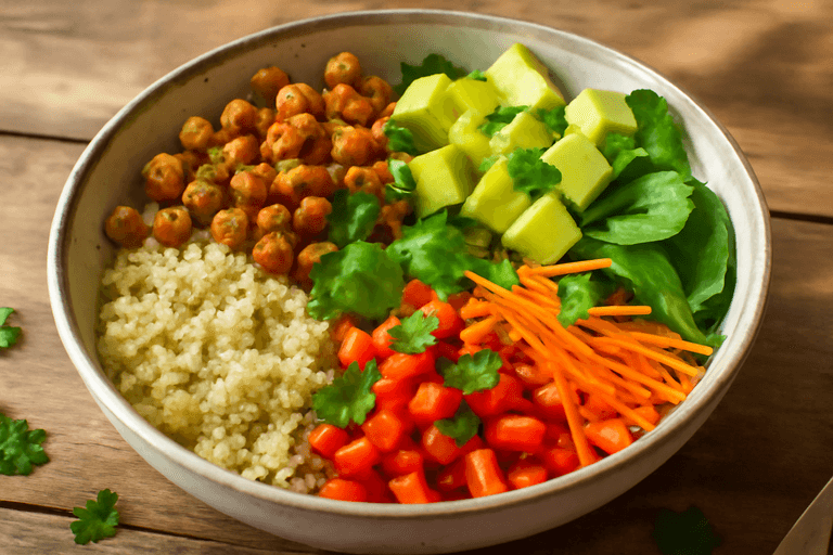 Veganer Quinoa-Bowl mit Kichererbsen und Avocado