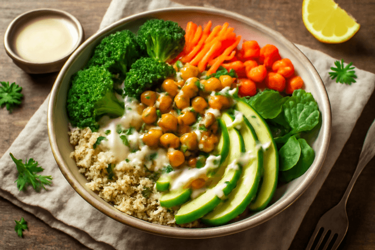 Veganer Quinoa-Gemüse-Bowl mit Zitronen-Tahini-Dressing