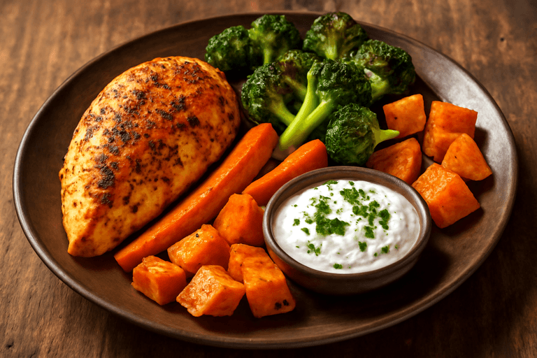 Gegrilltes Hähnchen mit Ofengemüse und Joghurtdip