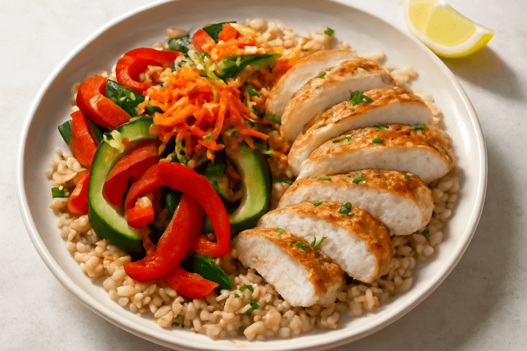 Pollo a la plancha con arroz integral y vegetales salteados