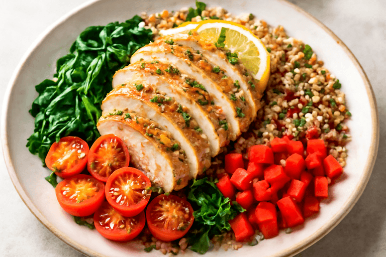 Herb-Roasted Lemon Chicken with Colorful Quinoa & Greens