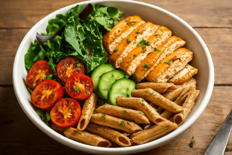 Leichter Hähnchen-Salat mit Vollkornnudeln und Gemüse