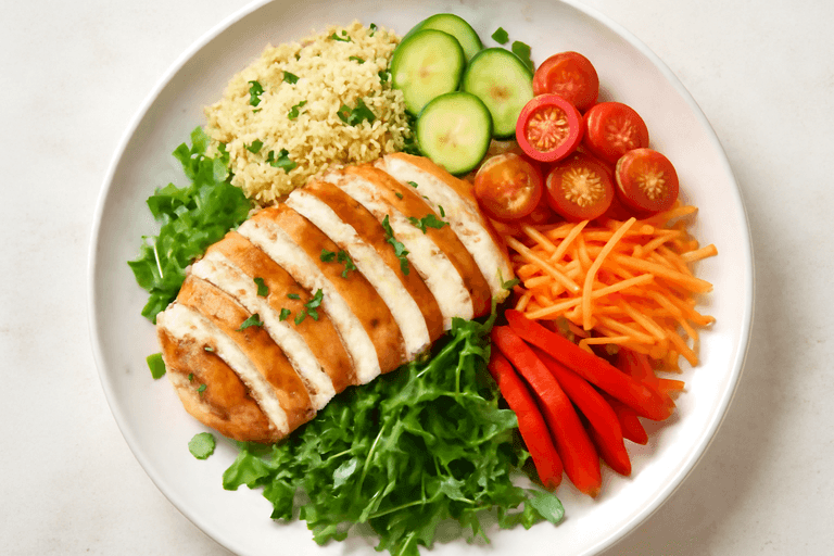 Salade composée de poulet grillé, quinoa et légumes croquants
